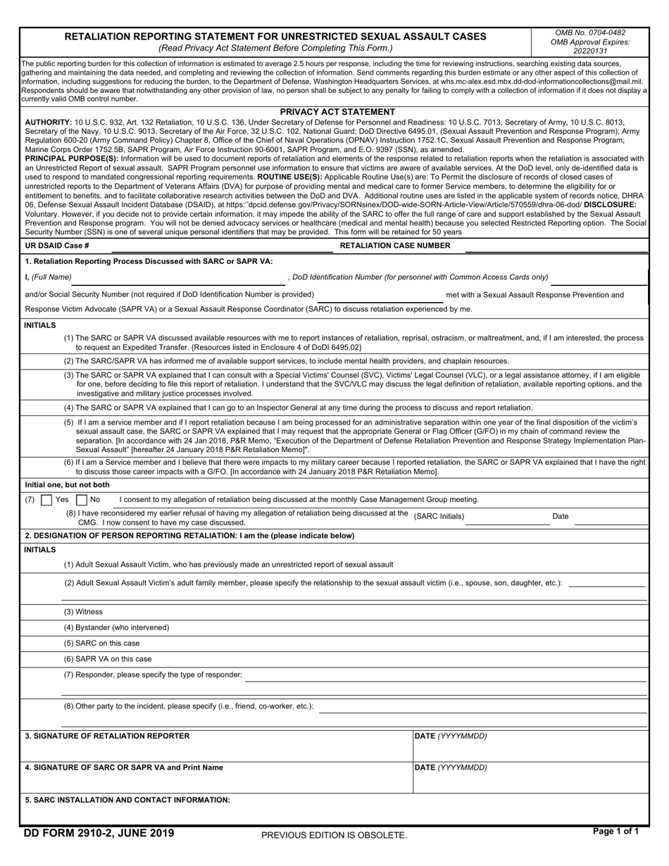 DD Form 2910-2 Retaliation Reporting Statement for Unrestricted Sexual Assault Cases, Page 1