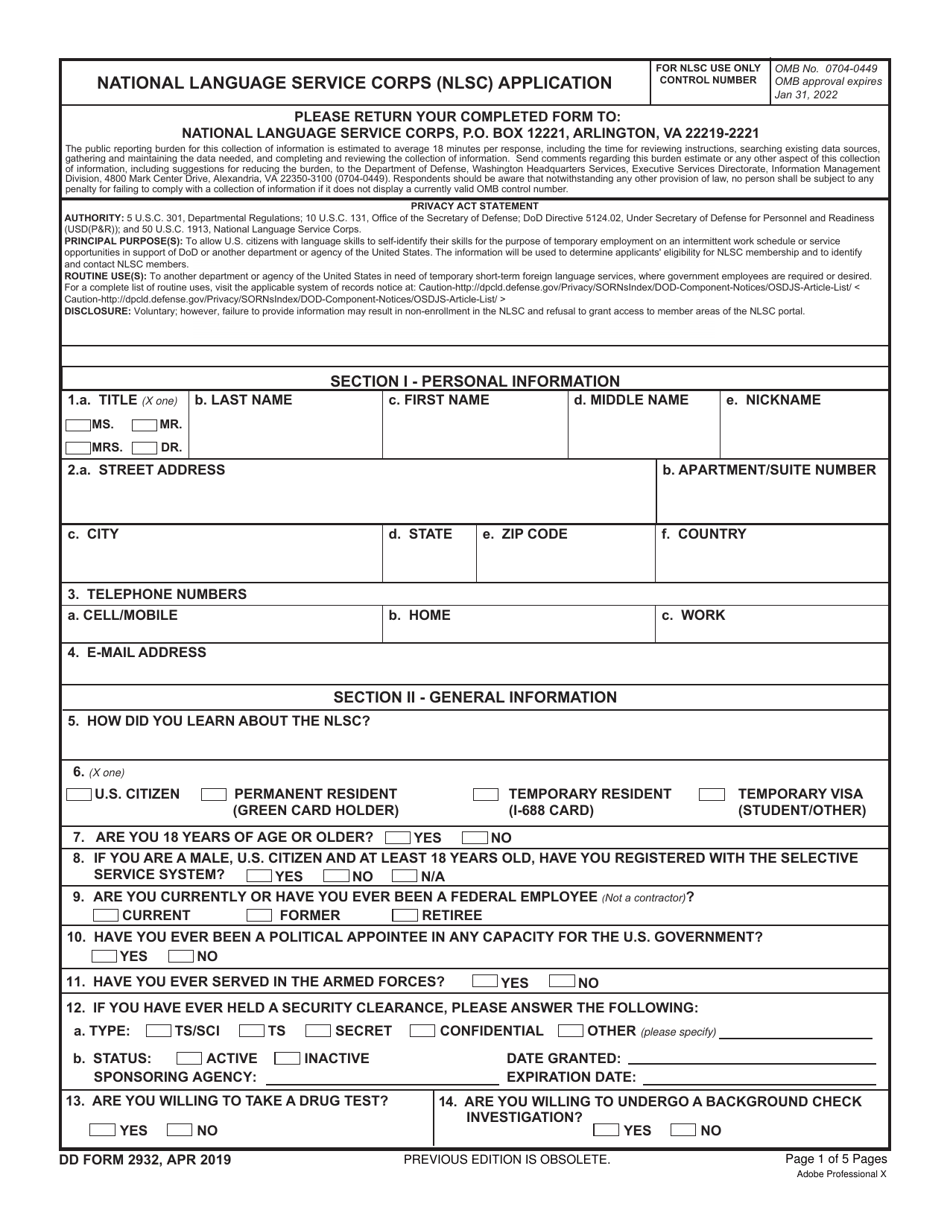 DD Form 2932 National Language Service Corps (Nlsc) Application, Page 1