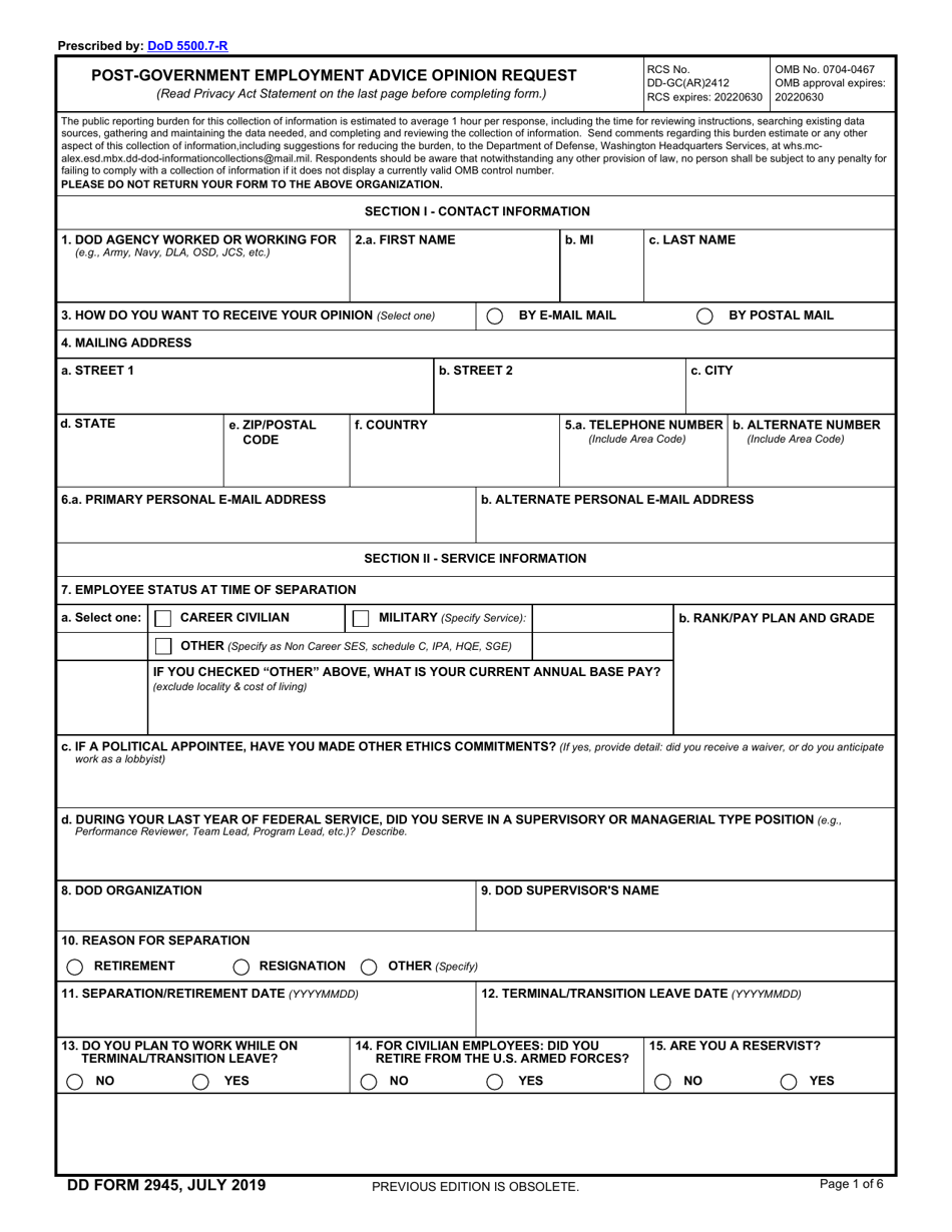 DD Form 2945 Post-government Employment Advice Opinion Request, Page 1