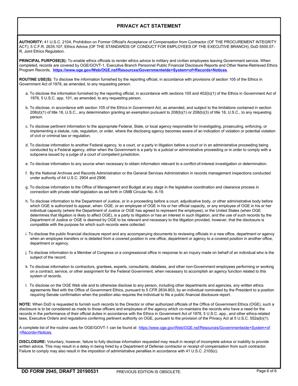 DD Form 2945 Post-government Employment Advice Opinion Request, Page 6