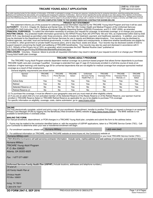 DD Form 2947-5 TRICARE Young Adult Application (South)