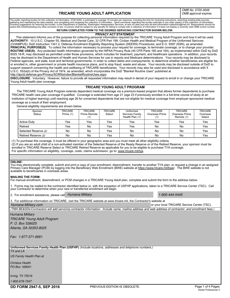 DD Form 2947-5 TRICARE Young Adult Application (South), Page 1