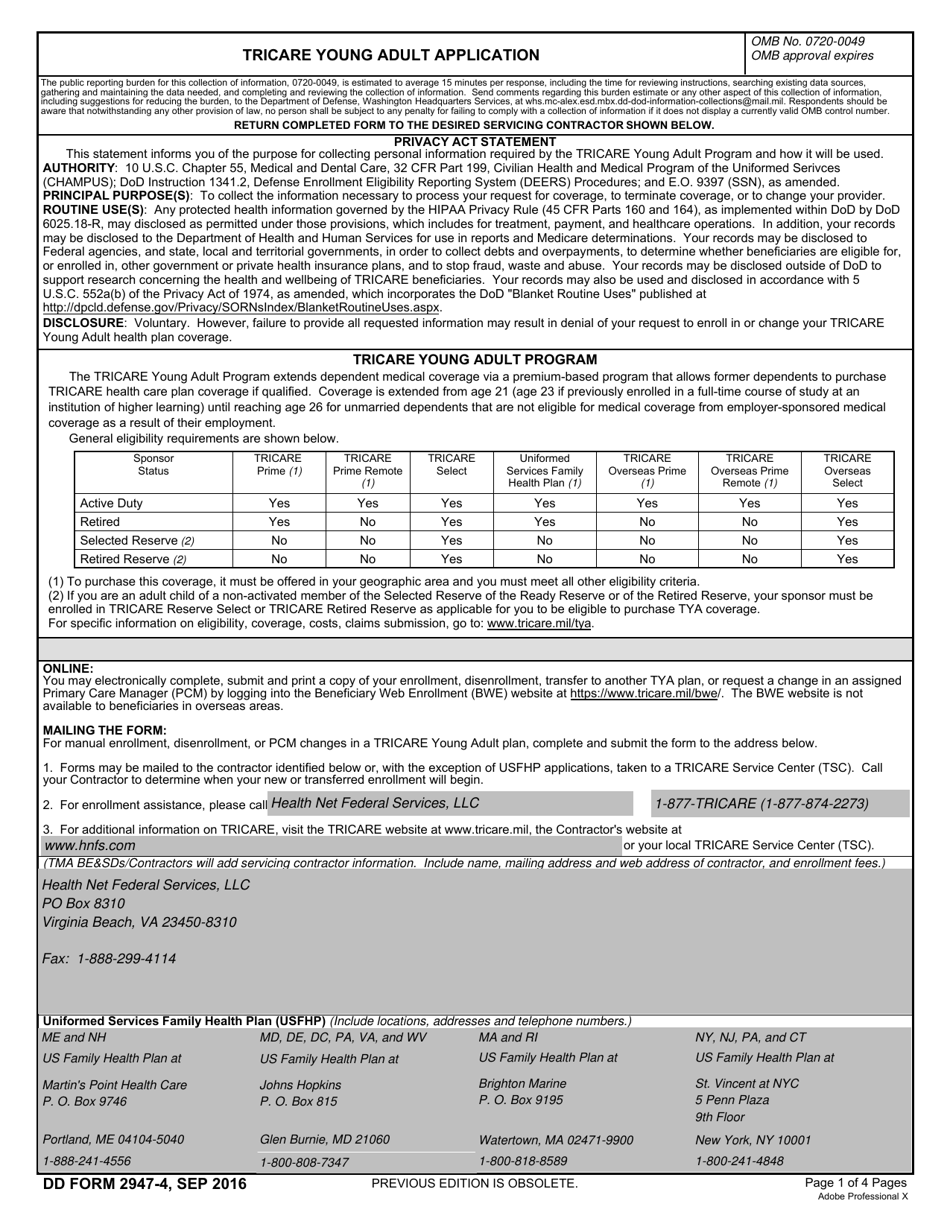 DD Form 2947-4 TRICARE Young Adult Application (Overseas), Page 1