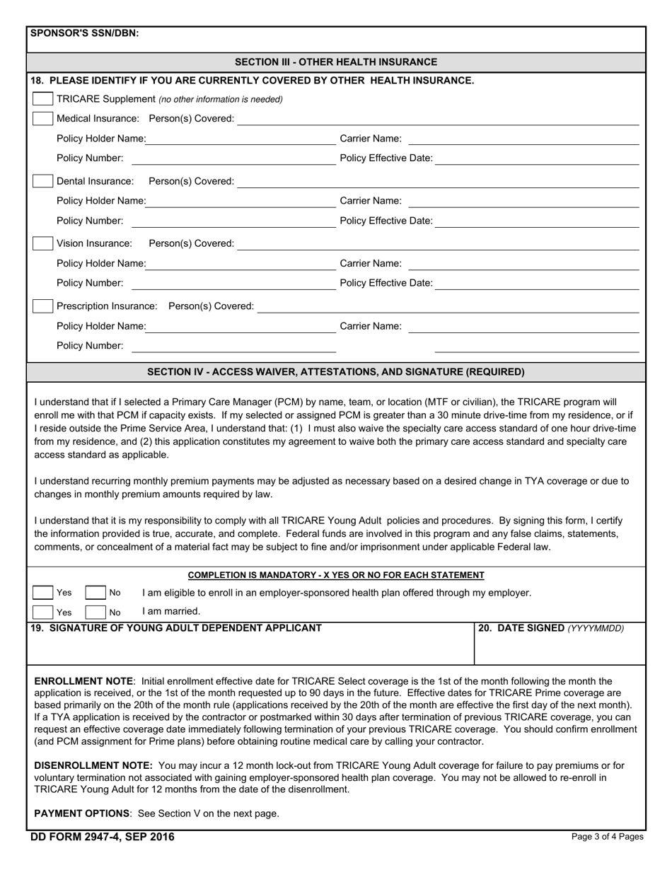 DD Form 2947-4 TRICARE Young Adult Application (Overseas), Page 3