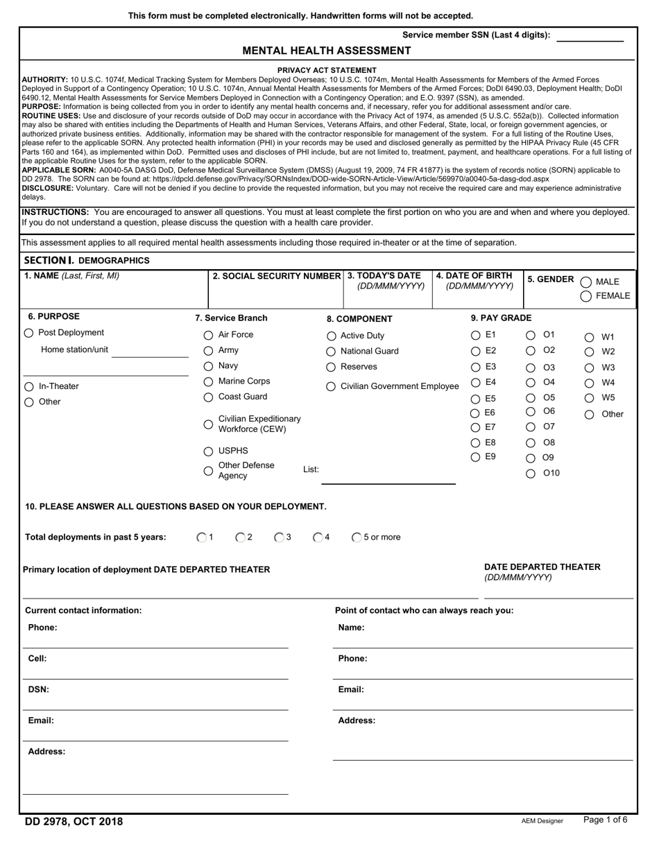 DD Form 2978 Download Fillable PDF or Fill Online Deployment Mental ...