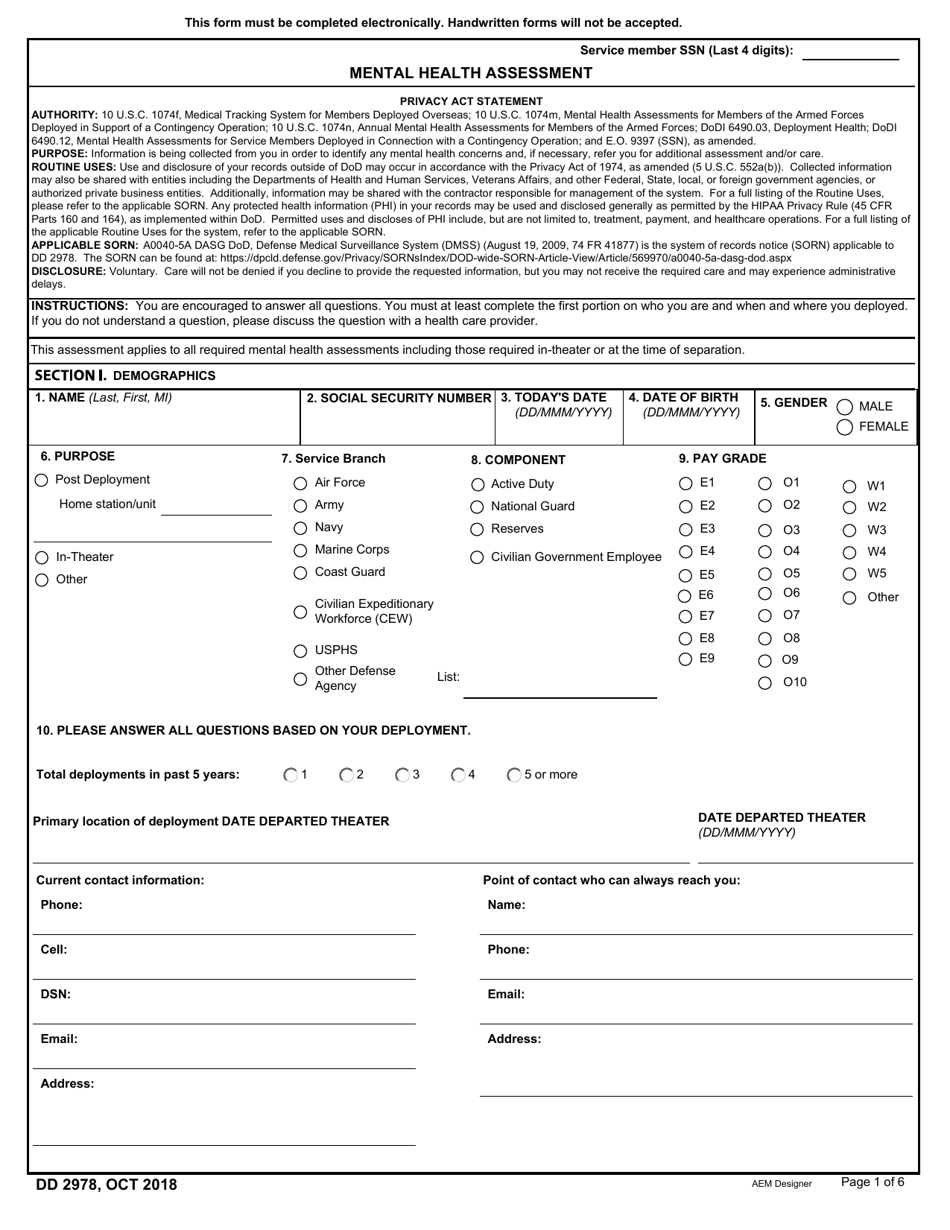 DD Form 2978 Deployment Mental Health Assessment, Page 1