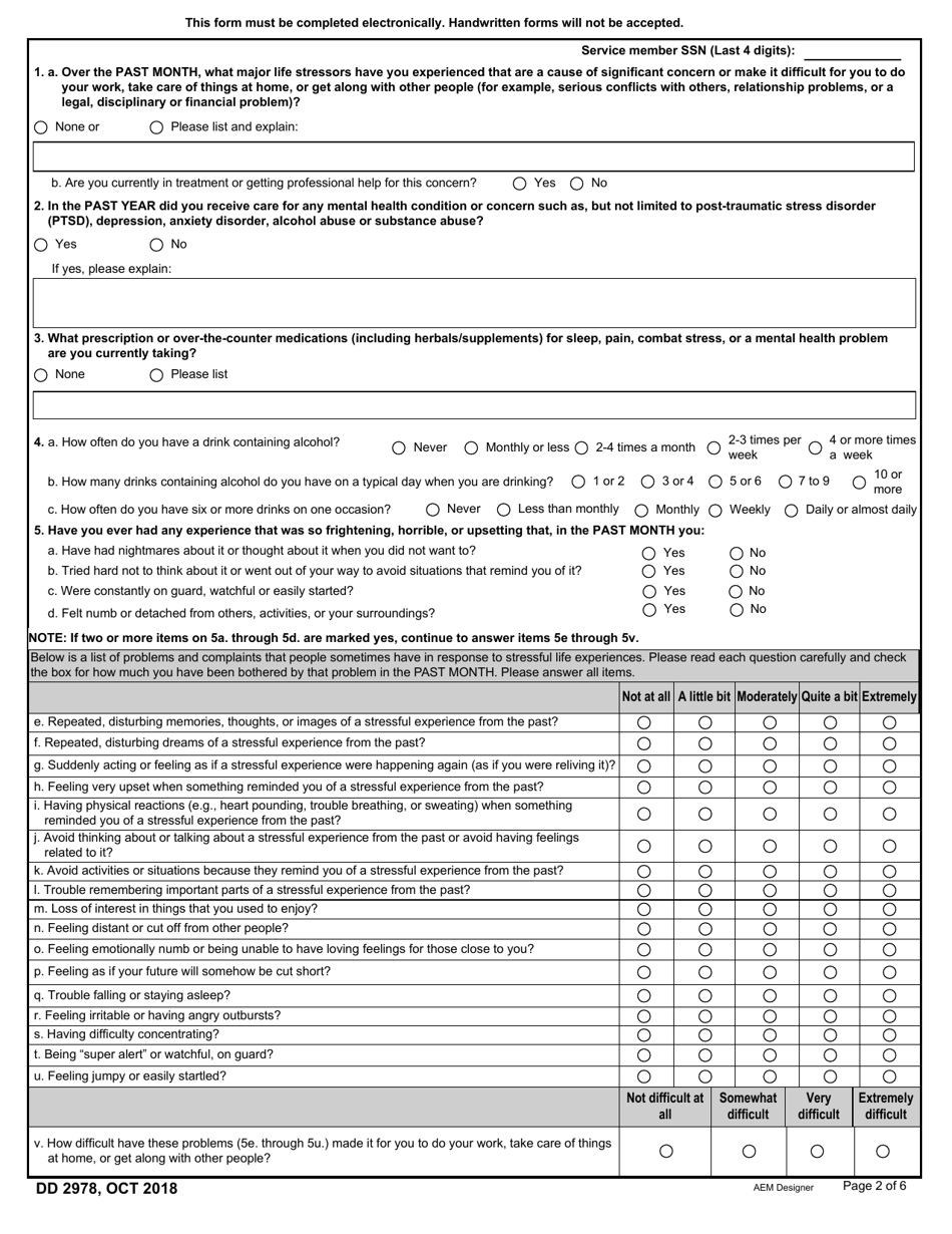 DD Form 2978 Download Fillable PDF or Fill Online Deployment Mental ...