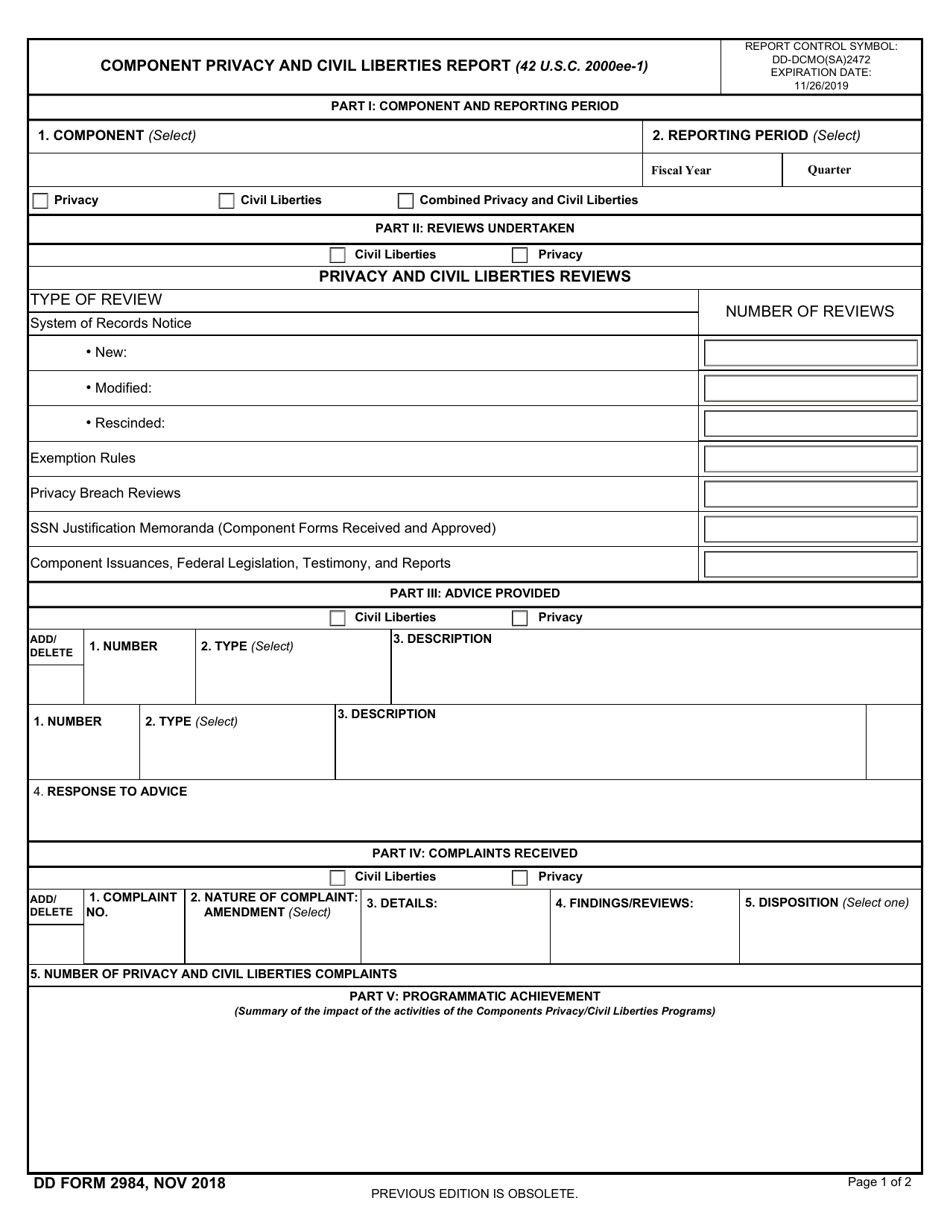 DD Form 2984 Component Privacy and Civil Liberties Report (42 U.s.c. 2000ee-1), Page 1