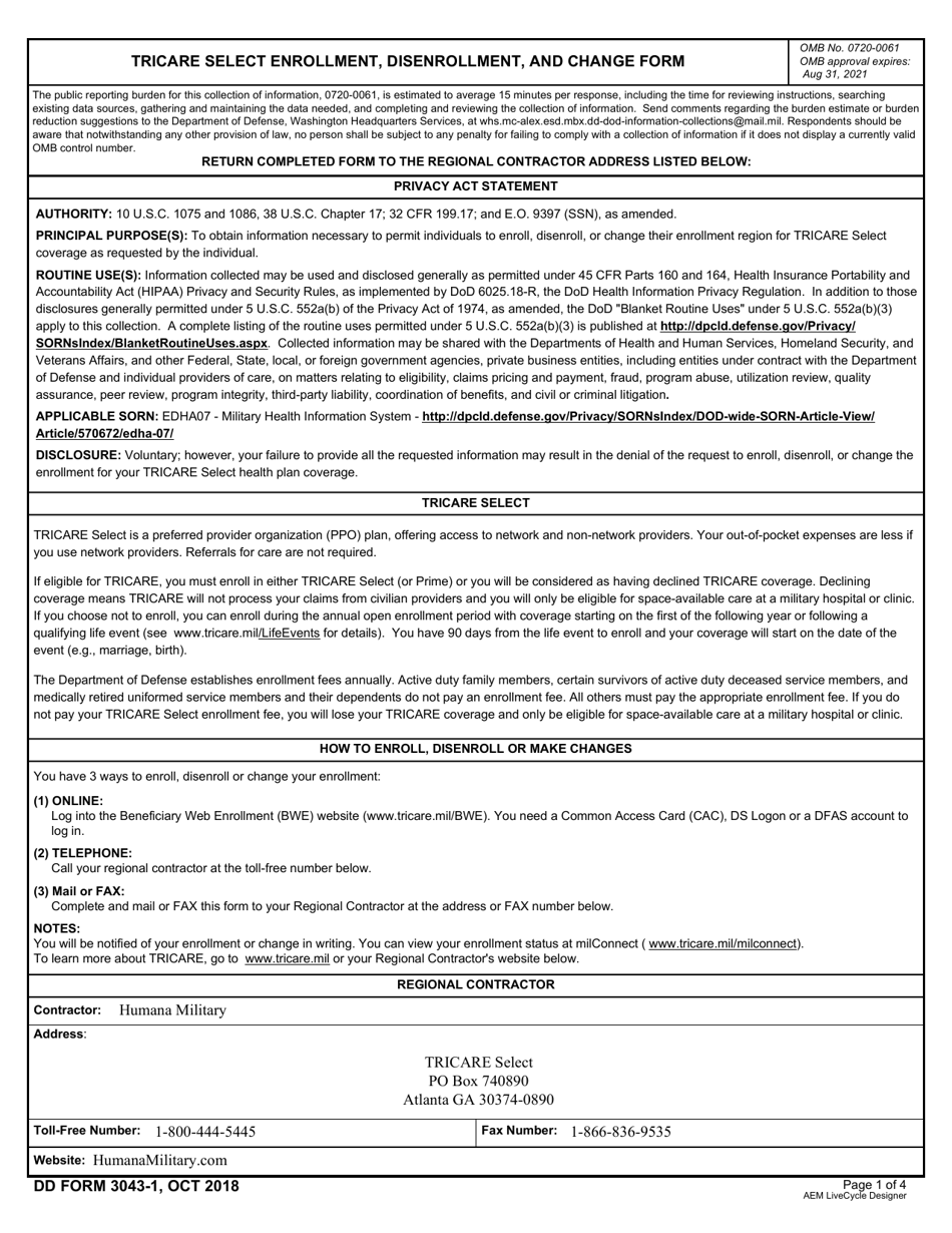 DD Form 3043-1 TRICARE Select Enrollment, Disenrollment, and Change Form (East), Page 1