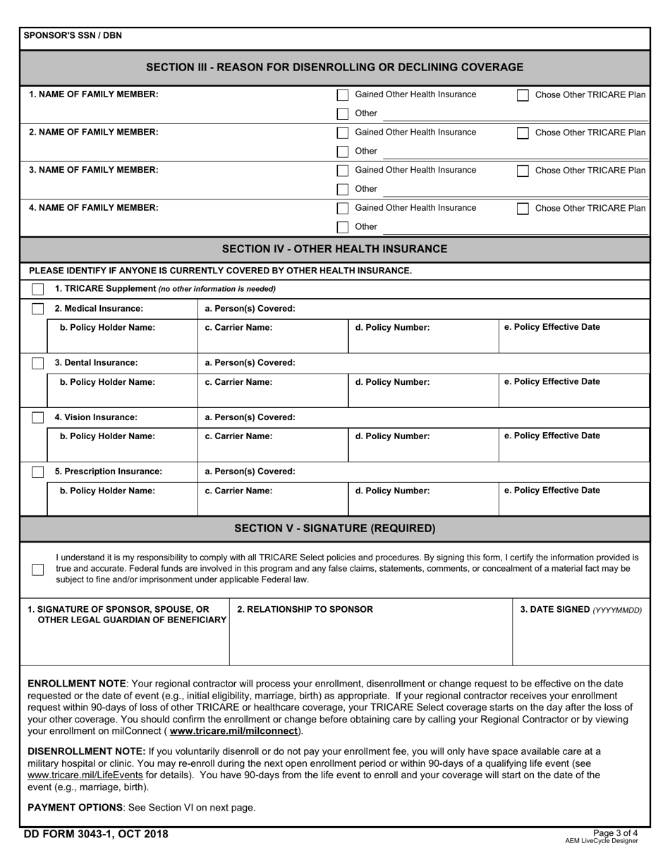 DD Form 3043-1 TRICARE Select Enrollment, Disenrollment, and Change Form (East), Page 3