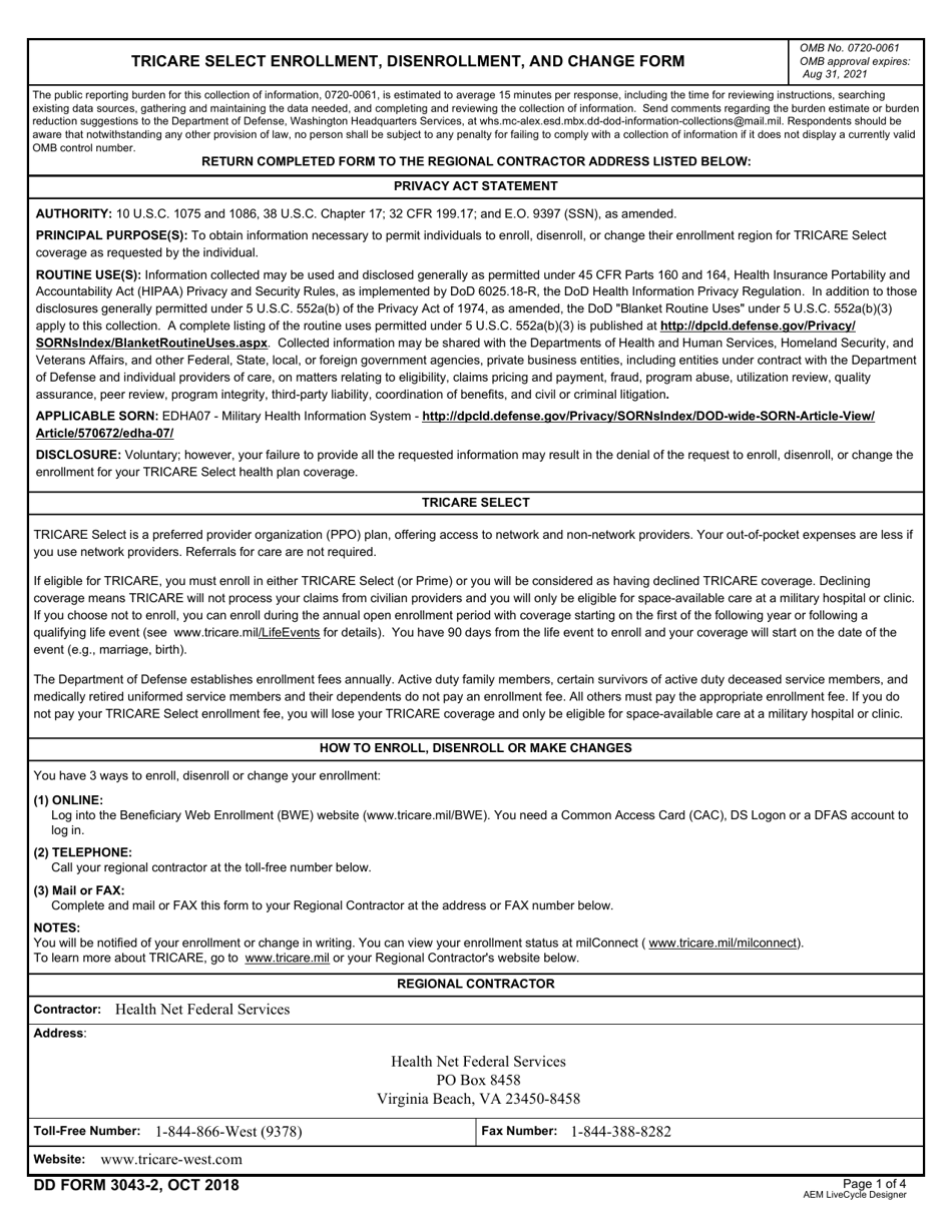 DD Form 3043-2 TRICARE Select Enrollment, Disenrollment, and Change Form (West), Page 1