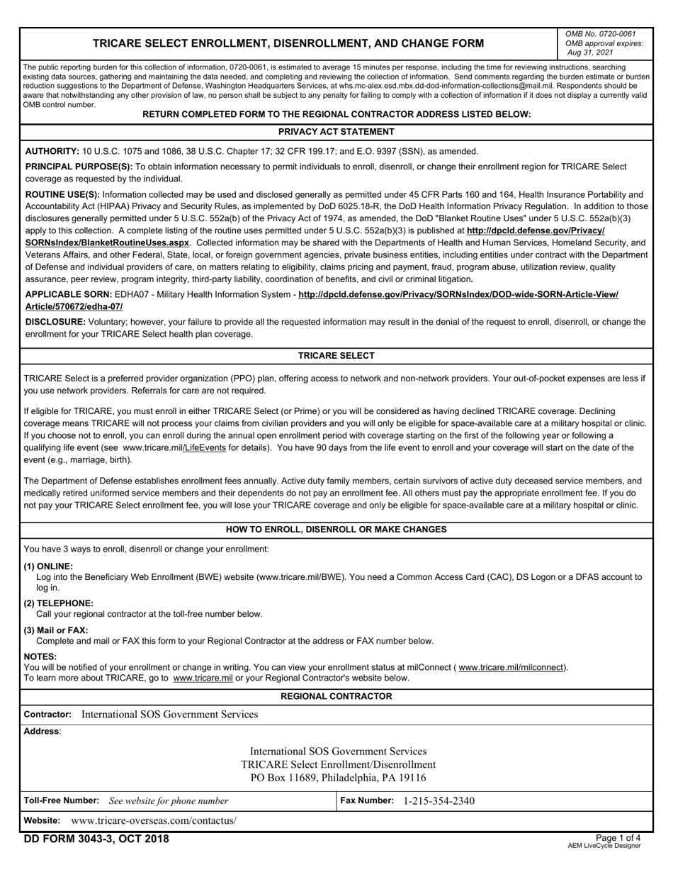 DD Form 3043-3 TRICARE Select Enrollment, Disenrollment, and Change Form (Overseas), Page 1