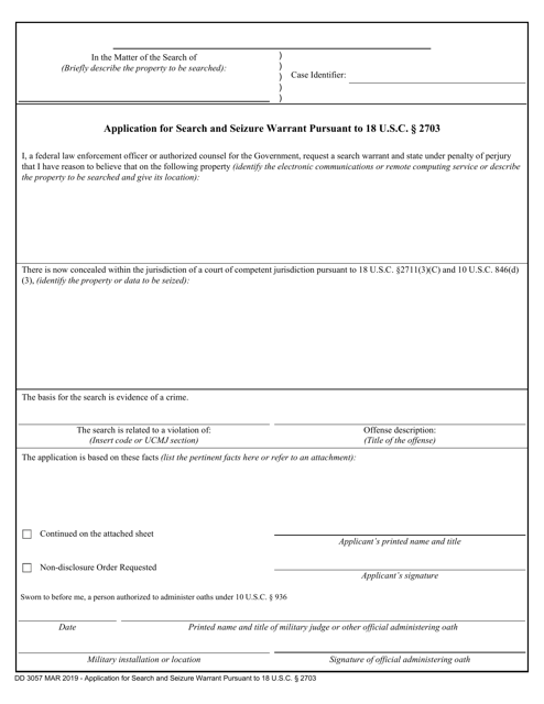 DD Form 3057 Application for Search and Seizure Warrant Pursuant to 18 U.s.c. 2703