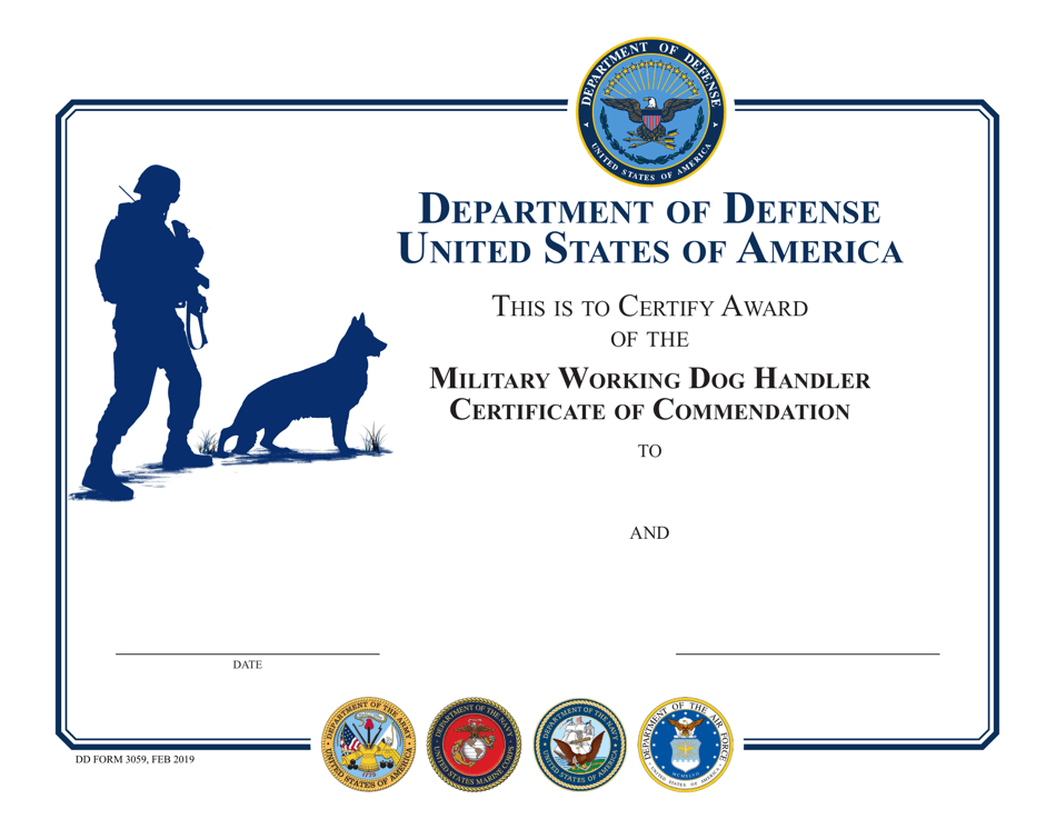 DD Form 3059 Military Working Dog Handler Certificate of Commendation, Page 1