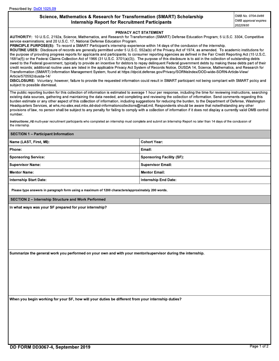 DD Form 3067-4 Smart Scholarship Internship Report for Recruitment Participants, Page 1