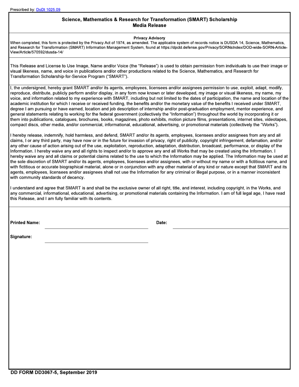 DD Form 3067-5 Smart Scholarship Media Release, Page 1