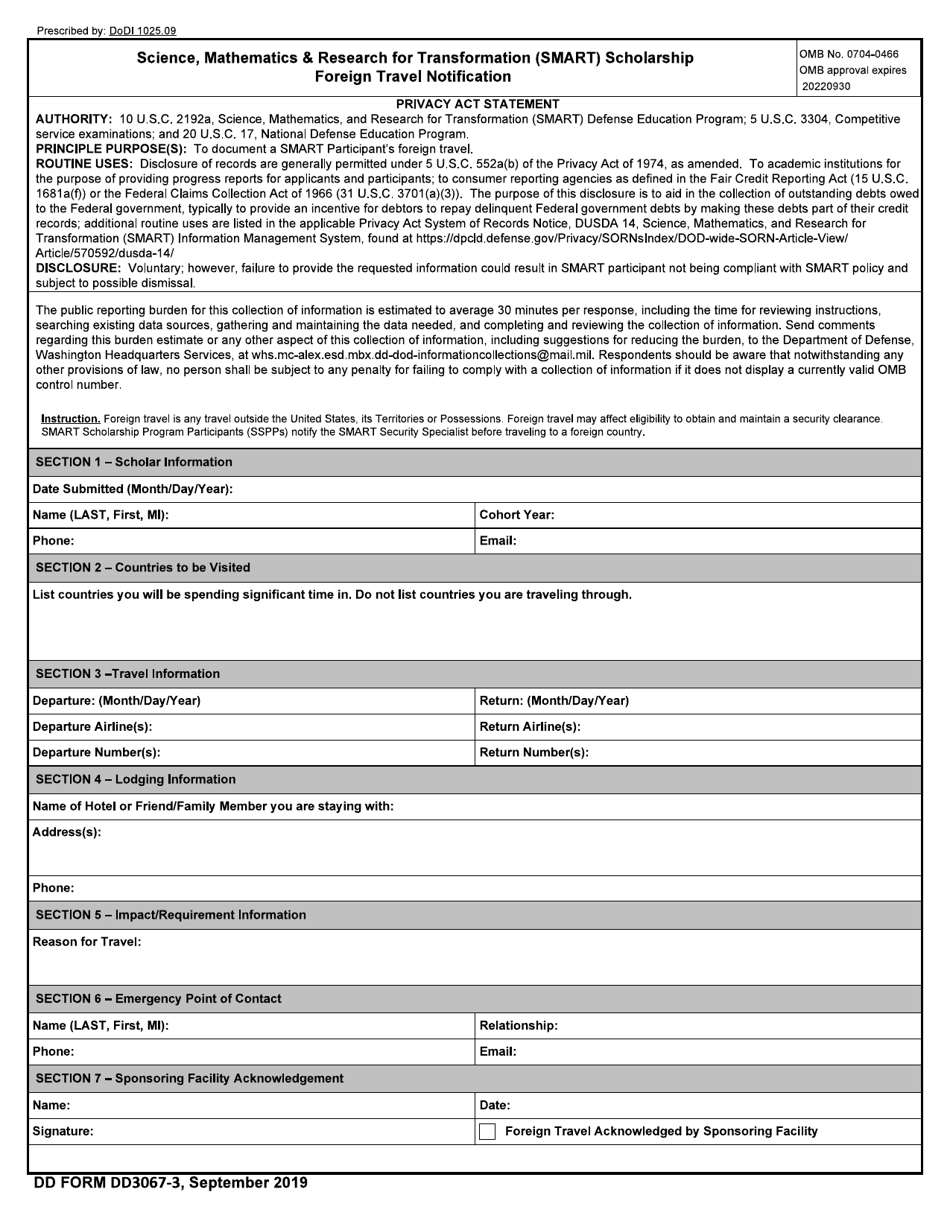 DD Form 3067-3 Smart Scholarship Foreign Travel Notification, Page 1