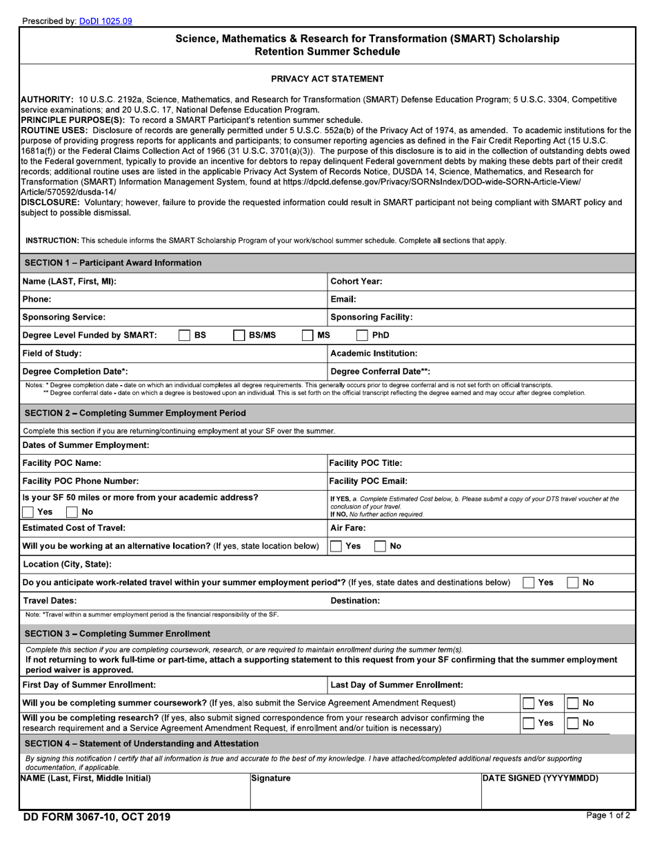 DD Form 3067-10 Smart Scholarship Retention Summer Schedule, Page 1