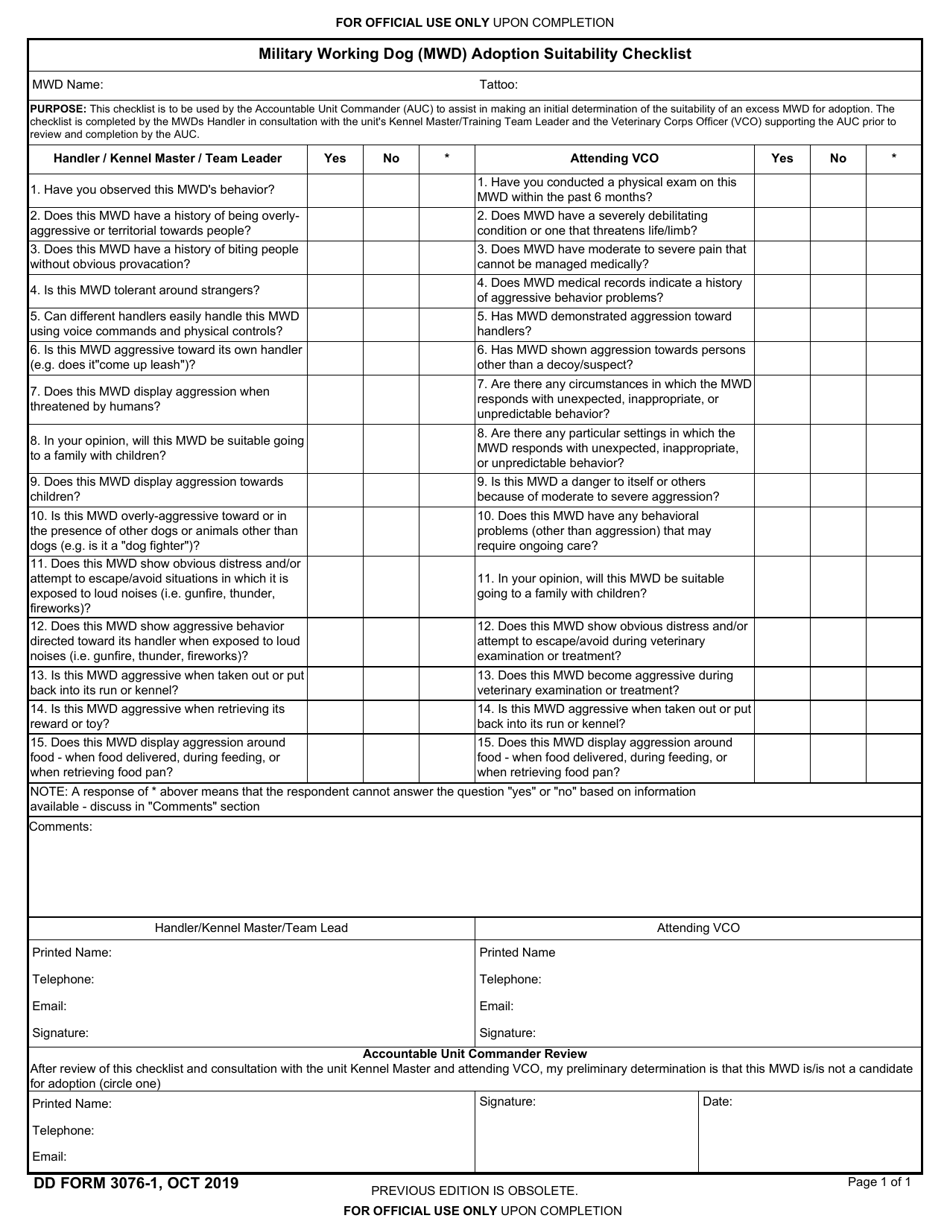 DD Form 3076-1 Military Working Dog (Mwd) Adoption Suitability Checklist, Page 1