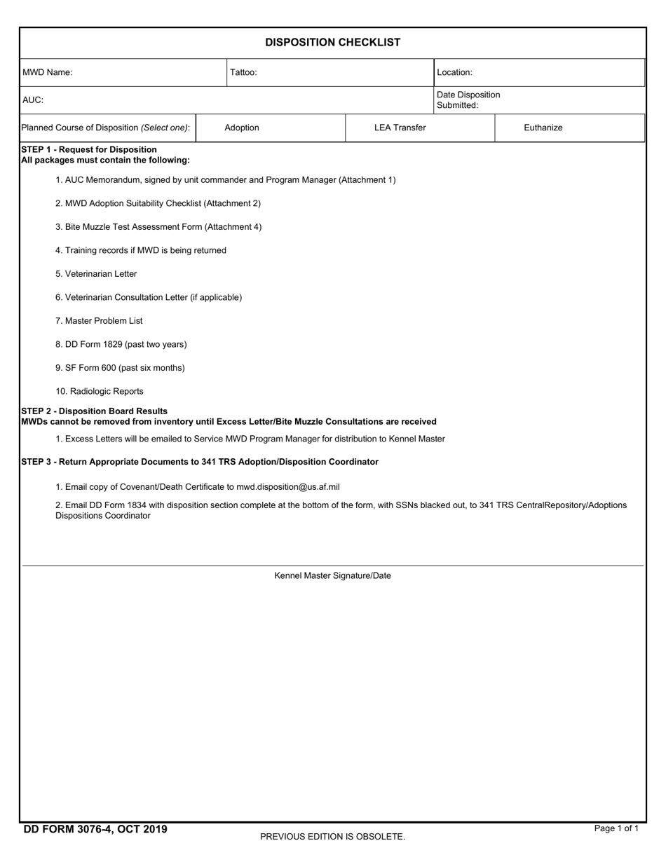 DD Form 3076-4 Military Working Dog (Mwd) Disposition Checklist, Page 1