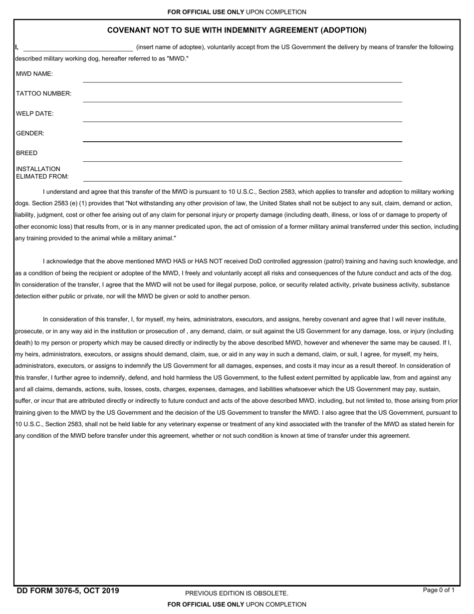 DD Form 3076-5 Military Working Dog (Mwd) Covenant Not to Sue With Indemnity Agreement (Adoption), Page 1