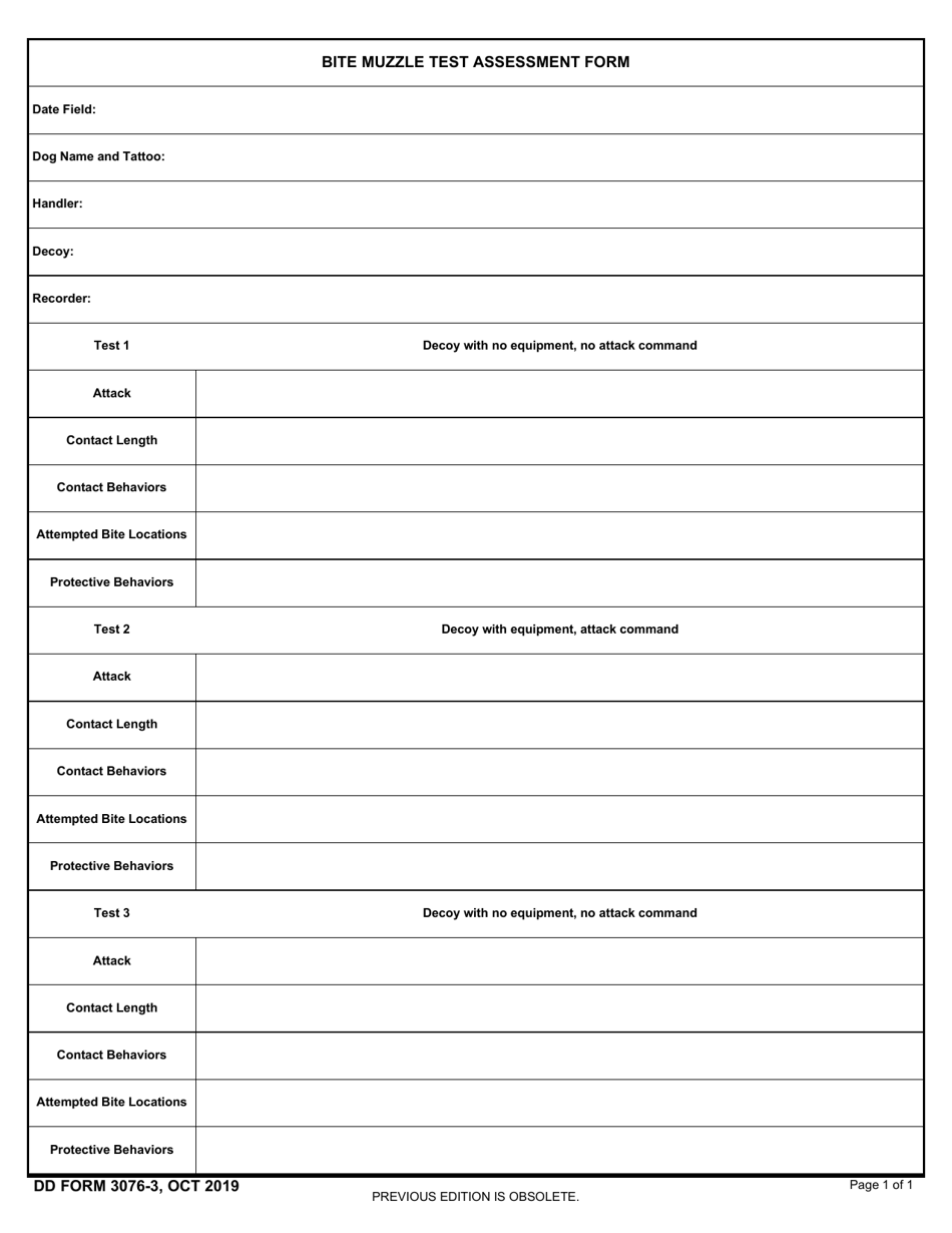 DD Form 3076-3 Military Working Dog (Mwd) Bite Muzzle Test Assessment, Page 1