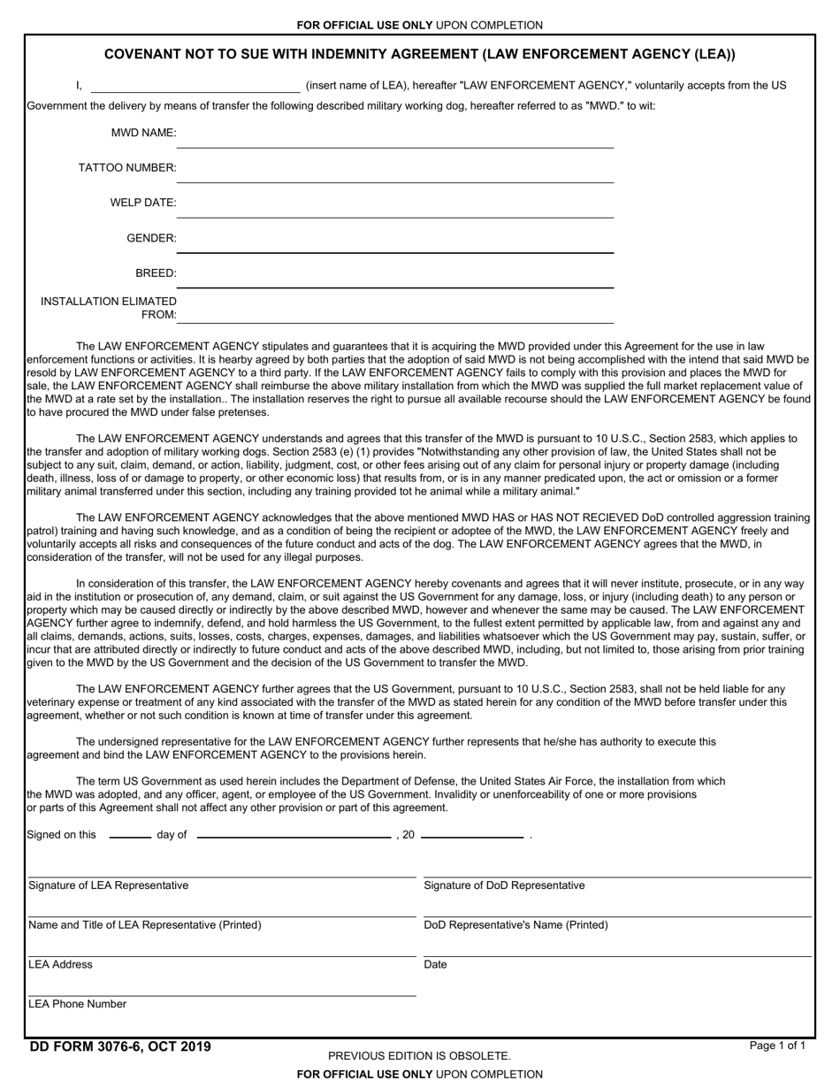 DD Form 3076-6 Military Working Dog (Mwd) Covenant Not to Sue With Indemnity Agreement (Law Enforcement Agency (Lea)), Page 1