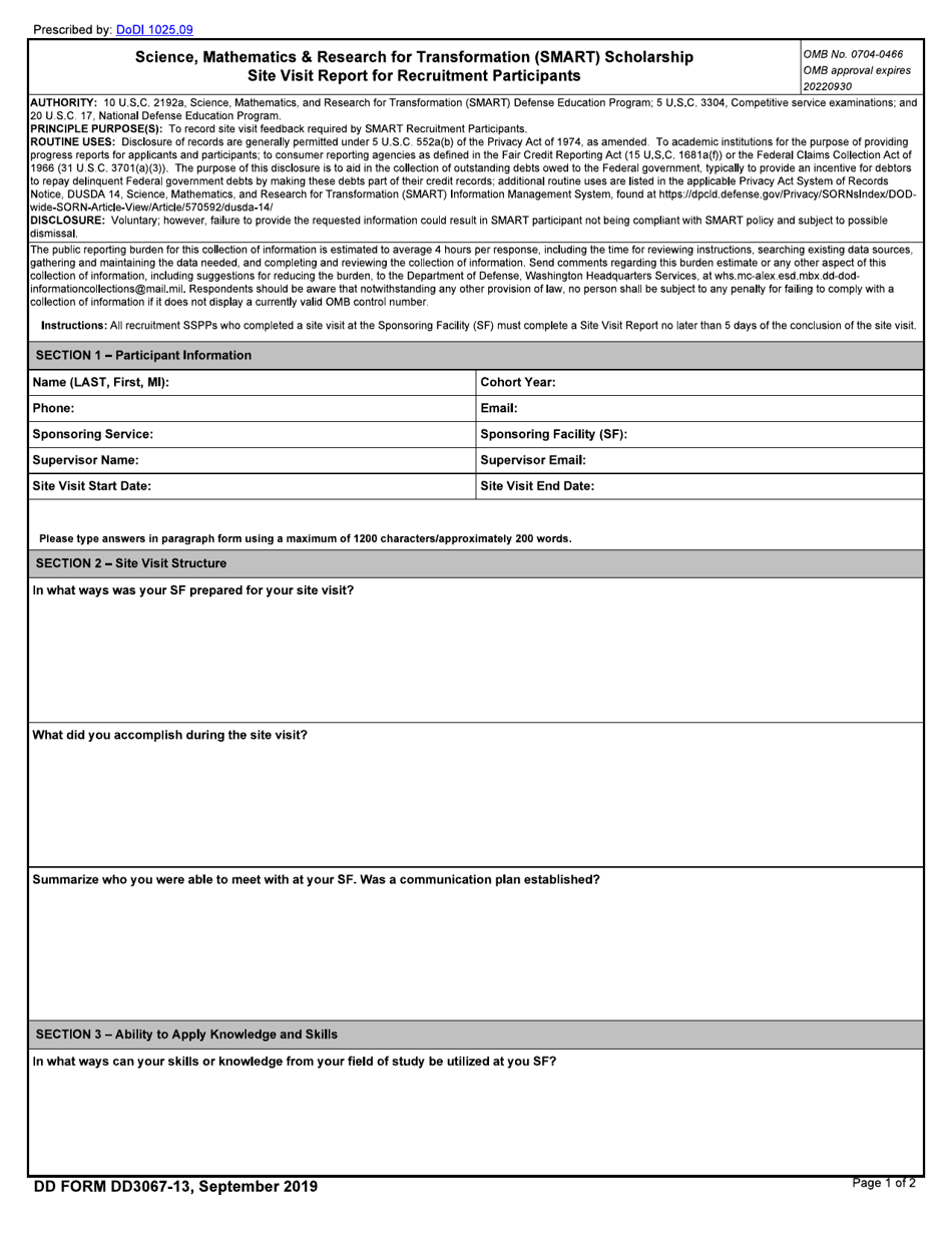 DD Form 3067-13 Smart Scholarship Site Visit Report for Recruitment Participants, Page 1