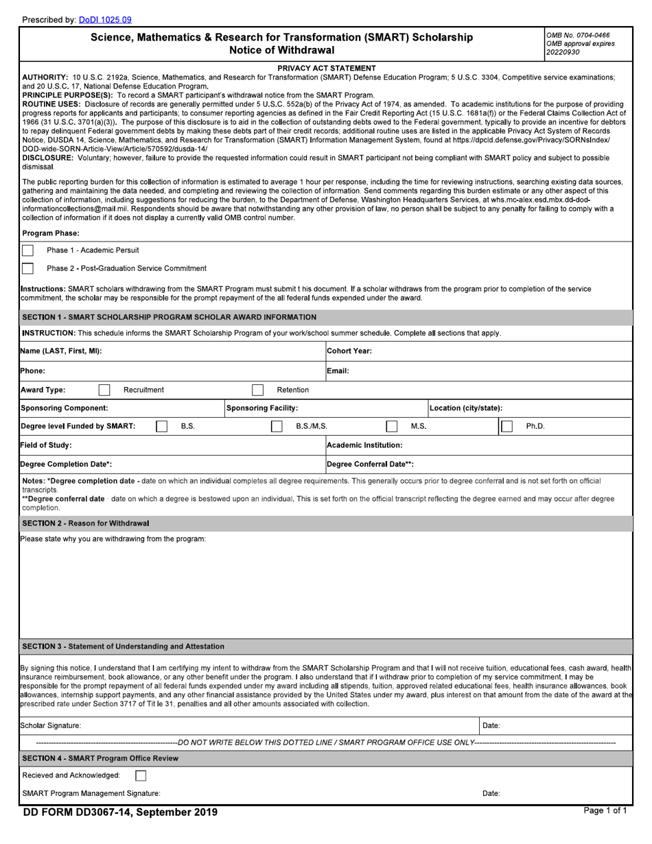 DD Form 3067-14 Smart Scholarship Notice of Withdrawal, Page 1