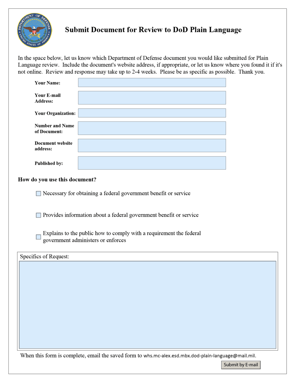 Submit Document for Review to DoD Plain Language, Page 1