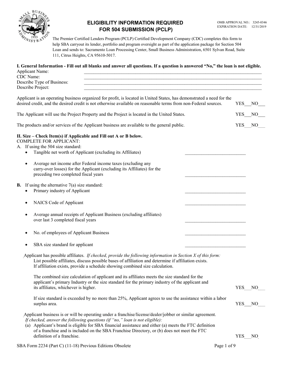 SBA Form 2234 Part C Eligibility Information Required for 504 Submission (PCLP), Page 1