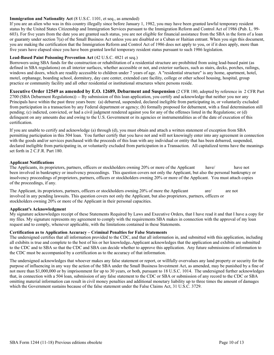 SBA Form 1244 Application for Section 504 Loan, Page 10