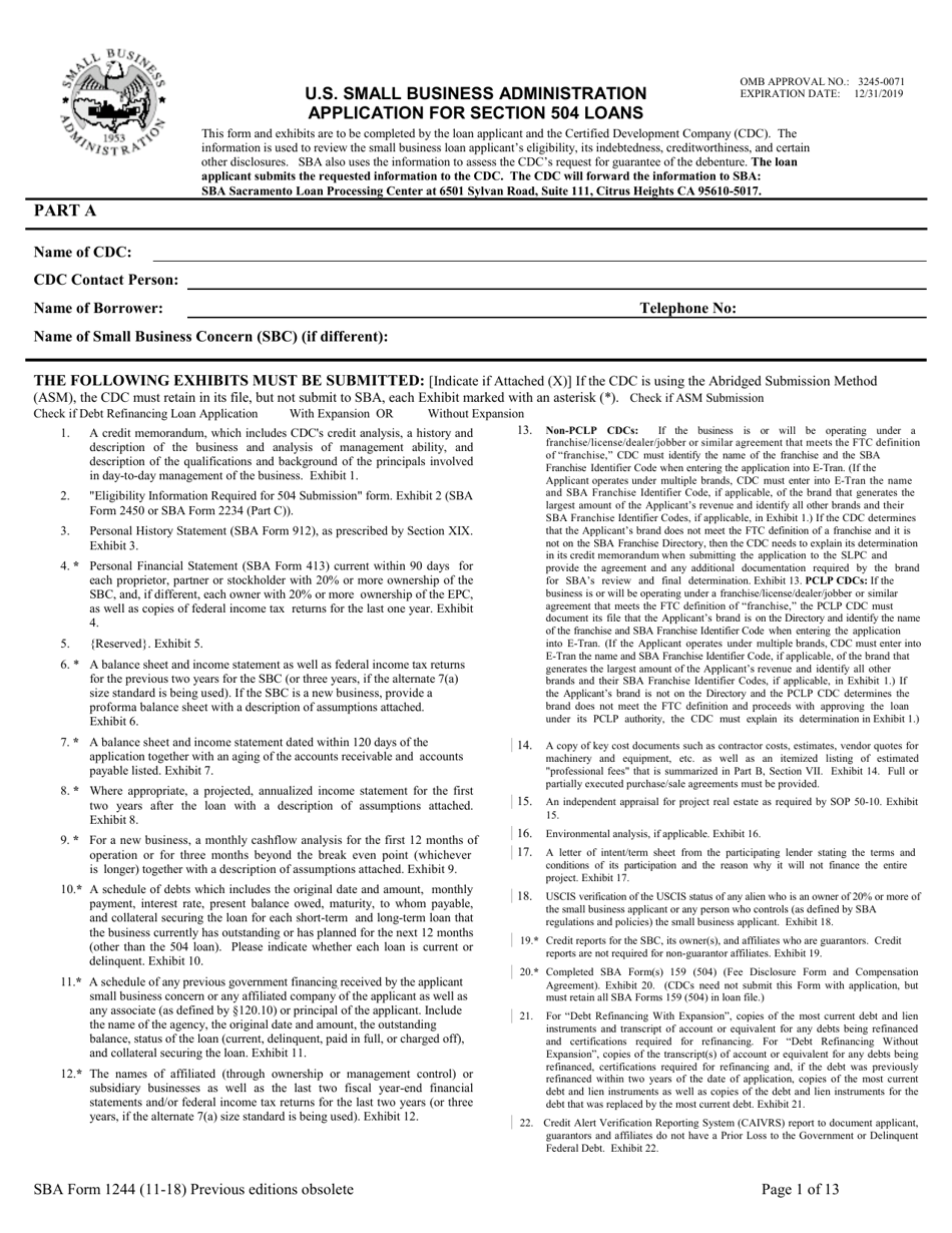 SBA Form 1244 Application for Section 504 Loan, Page 1