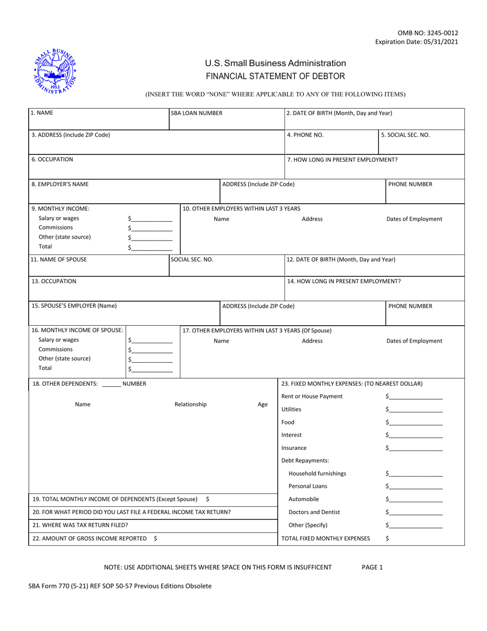 SBA Form 770 Financial Statement of Debtor, Page 1