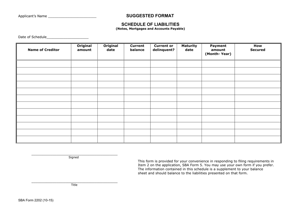 SBA Form 2202 Schedule of Liabilities, Page 1