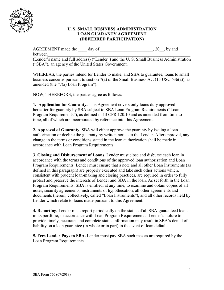 SBA Form 750 Lenders Loan Guaranty Agreement (Deferred Participation), Page 1