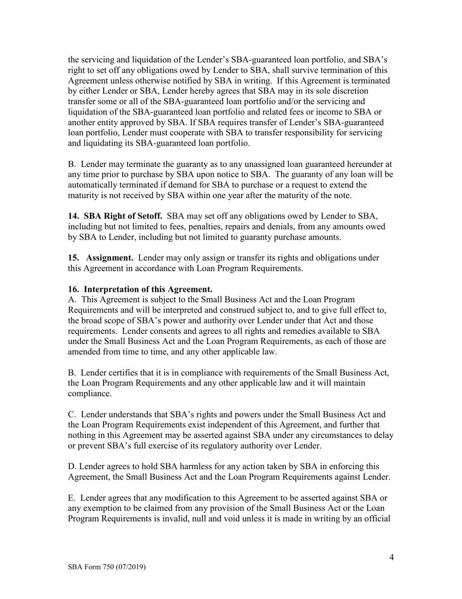SBA Form 750 Lenders Loan Guaranty Agreement (Deferred Participation), Page 4