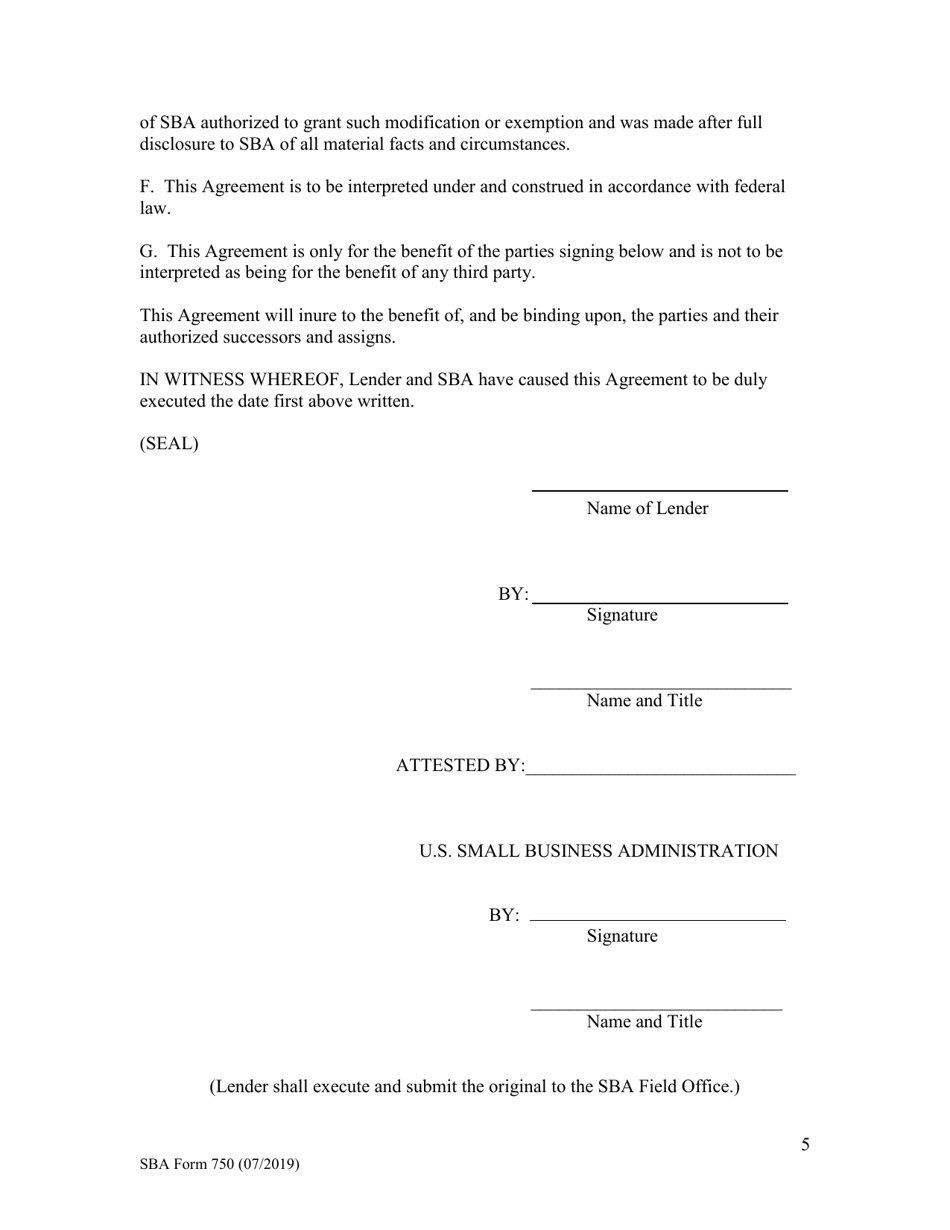 SBA Form 750 Lenders Loan Guaranty Agreement (Deferred Participation), Page 5