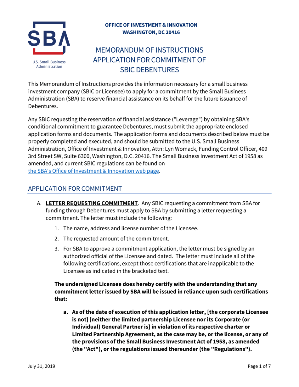 Instructions for Application for Commitment of Sbic Debentures, Page 1