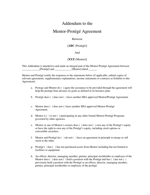 Addendum to the Mentor-Protege Agreement Download Pdf