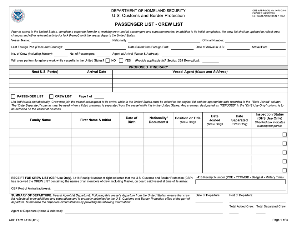 CBP Form I-418 Passenger List - Crew List, Page 1