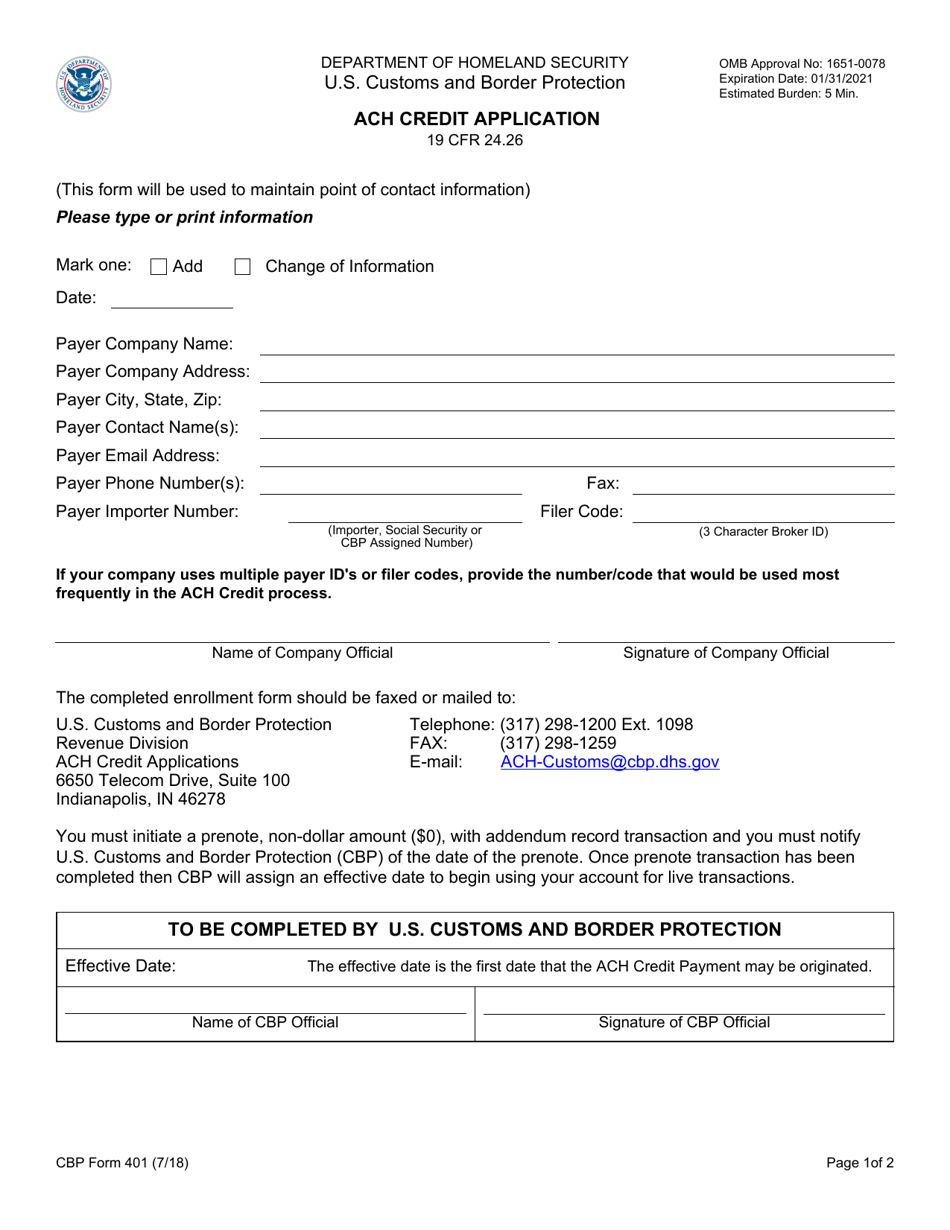 CBP Form 401 ACH Credit Application, Page 1
