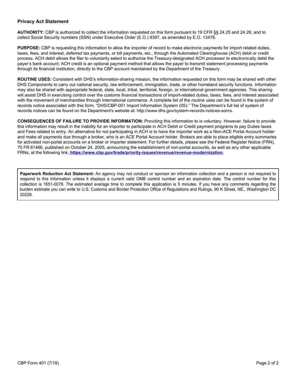 CBP Form 401 ACH Credit Application, Page 2