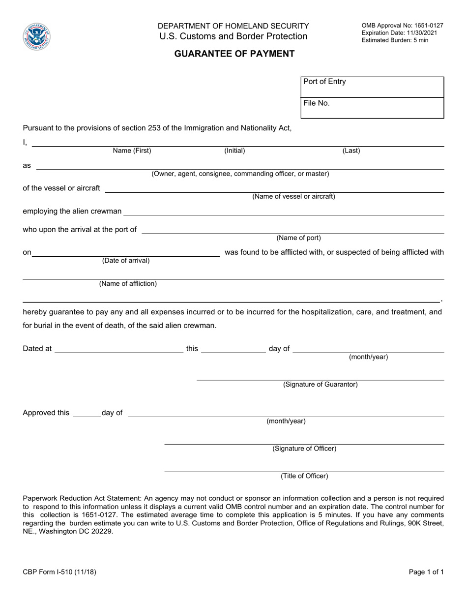 CBP Form I-510 Guarantee of Payment, Page 1