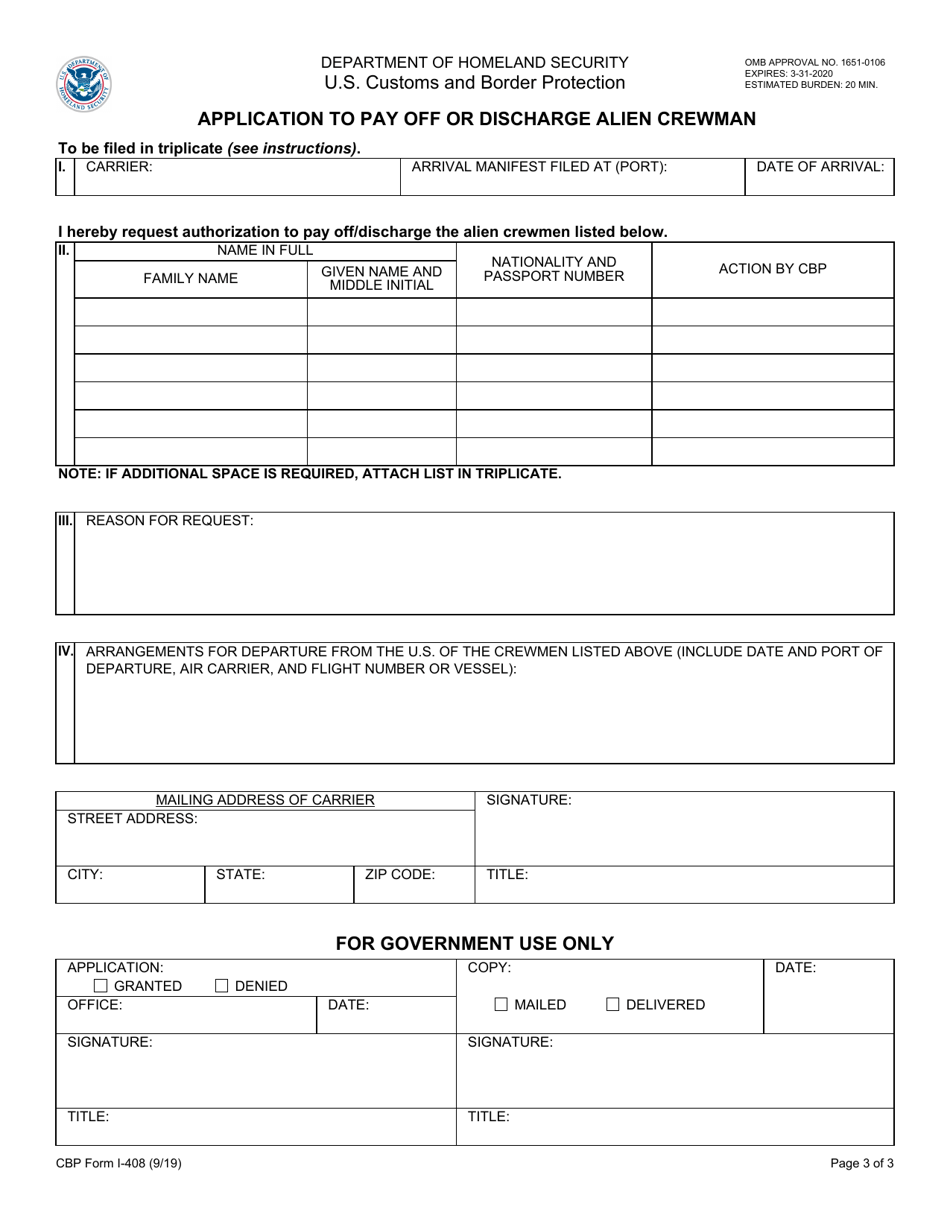 CBP Form I-408 Application to Pay off or Discharge Alien Crewman, Page 3