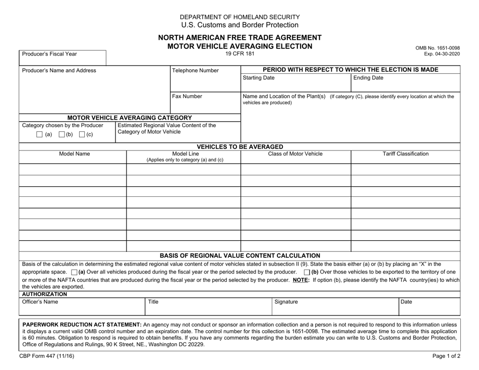 CBP Form 447 North American Free Trade Agreement Motor Vehicle Averaging Election, Page 1