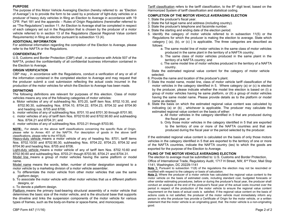 CBP Form 447 North American Free Trade Agreement Motor Vehicle Averaging Election, Page 2