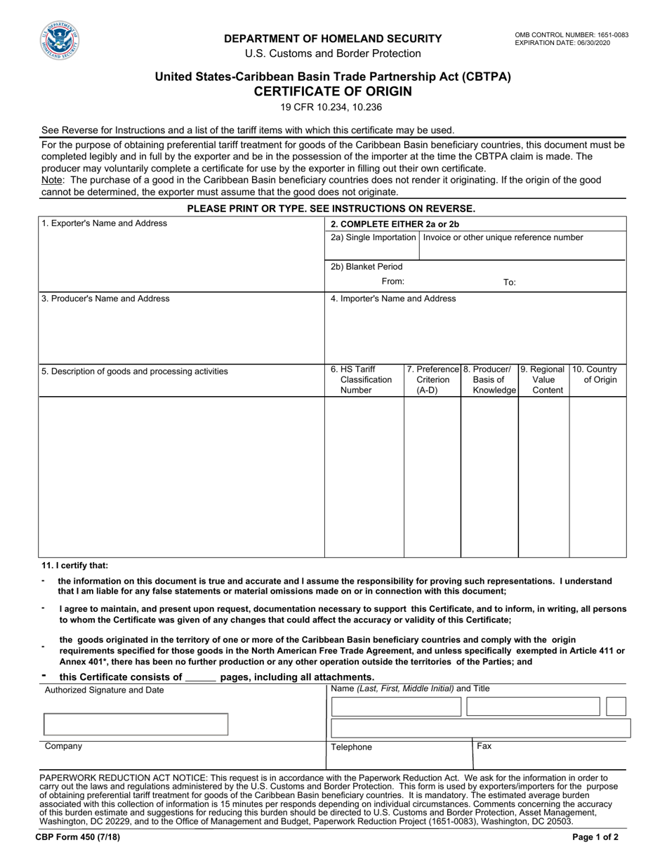 CBP Form 450 United States-Caribbean Basin Trade Partnership Act (Cbtpa) Certificate of Origin, Page 1
