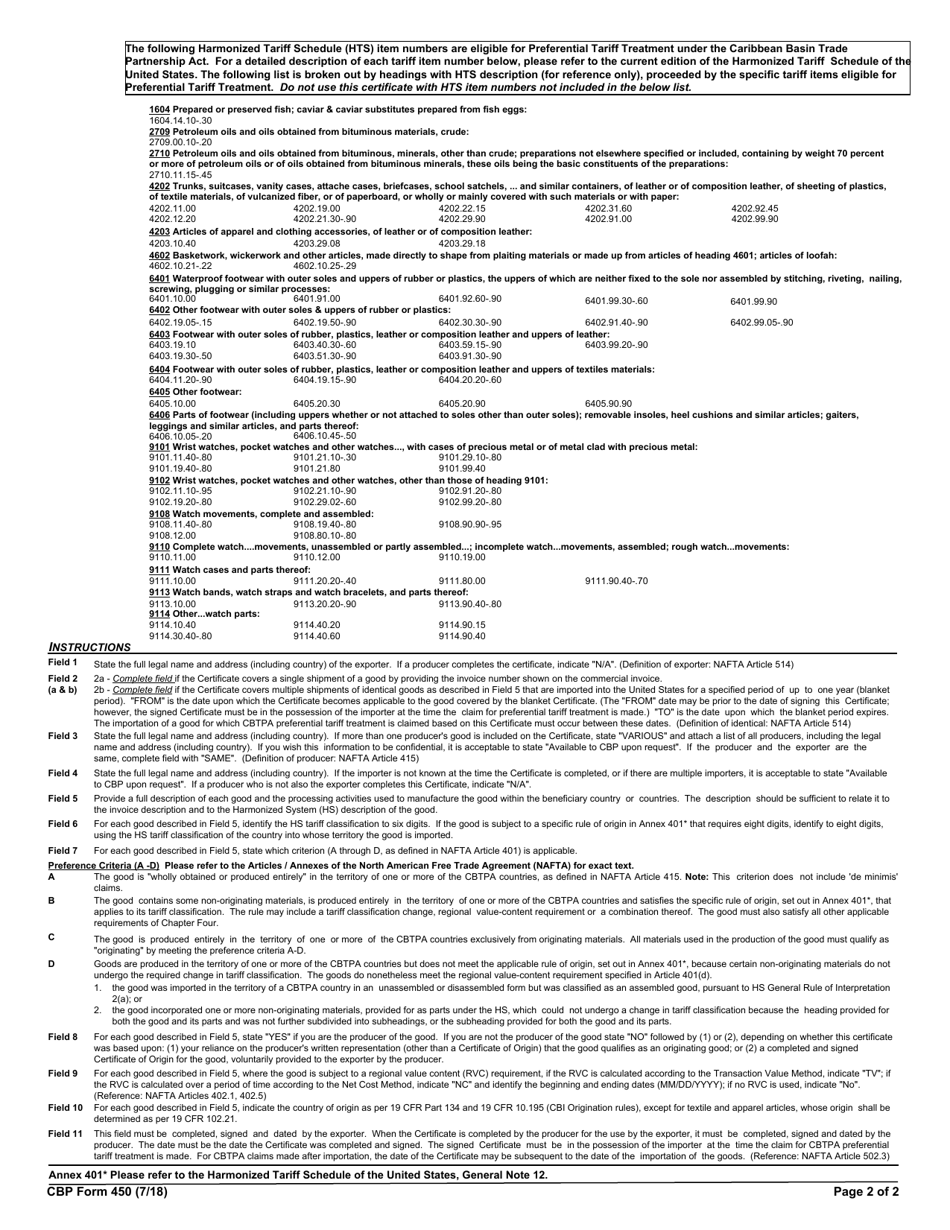 CBP Form 450 United States-Caribbean Basin Trade Partnership Act (Cbtpa) Certificate of Origin, Page 2