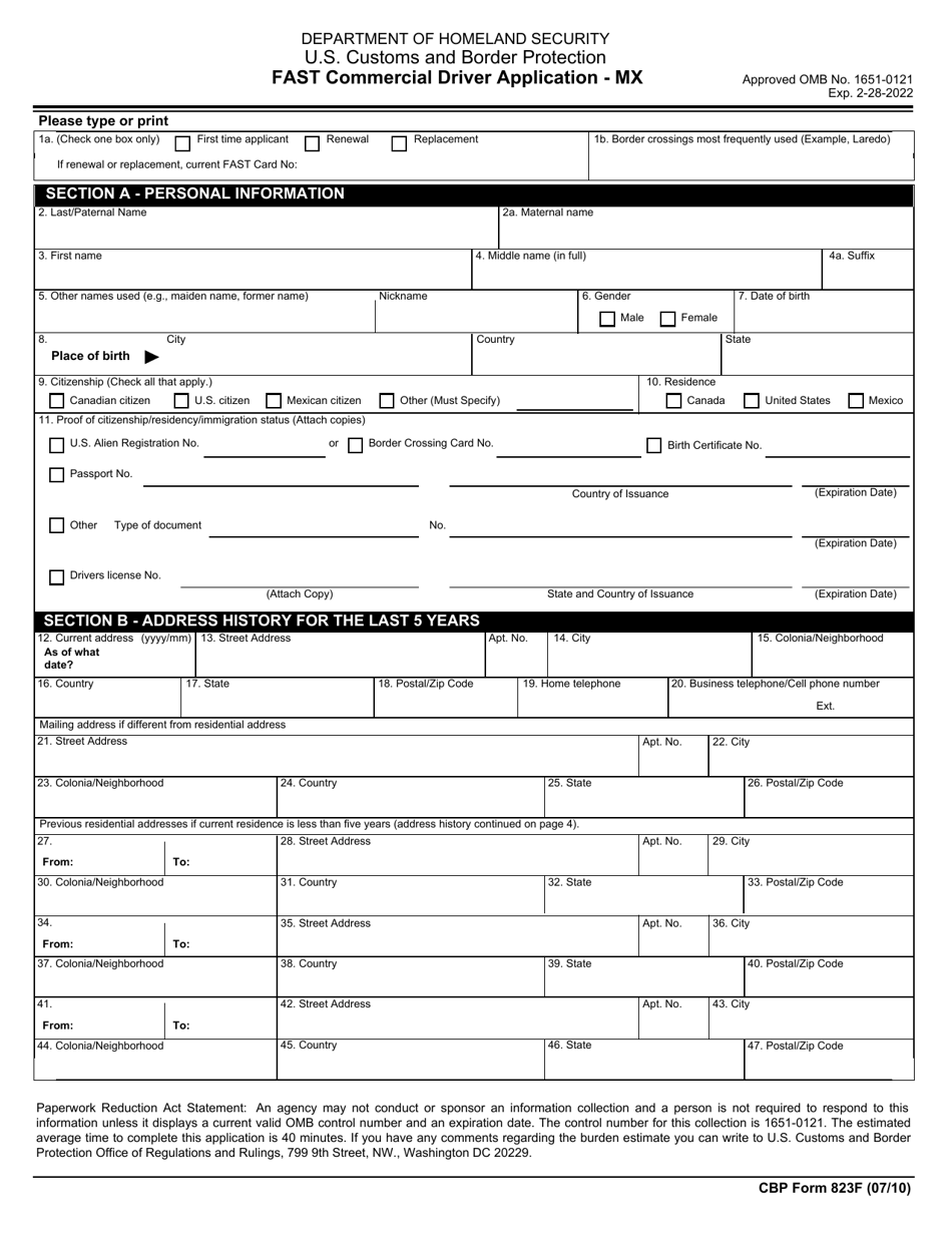 CBP Form 823F Fast Commercial Driver Application - Mexico, Page 1